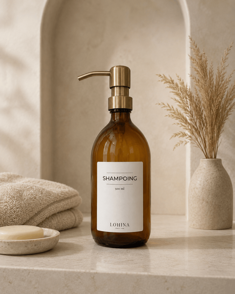 Shampoing 500 ml avec pompe distributrice dorée
